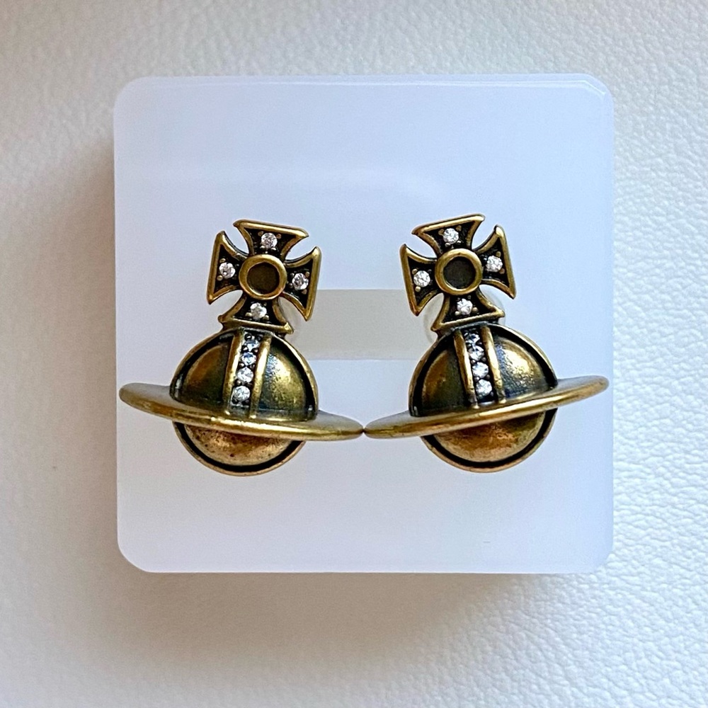Orb Drop Cross Earrings in Antiqued Gold with Crystal Accents